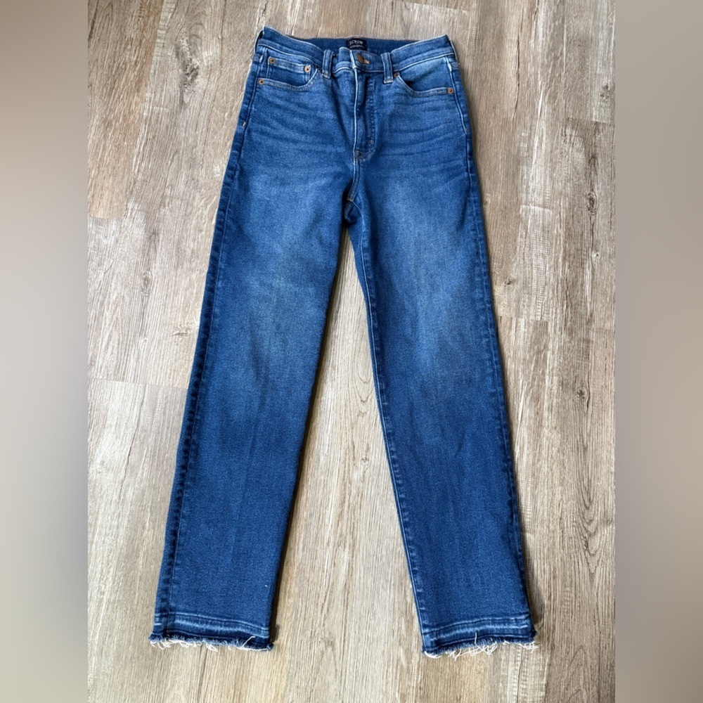 J. Crew Stove Pipe Classic Straight Leg Blue Denim Jeans Frayed Ankle Size 25 26